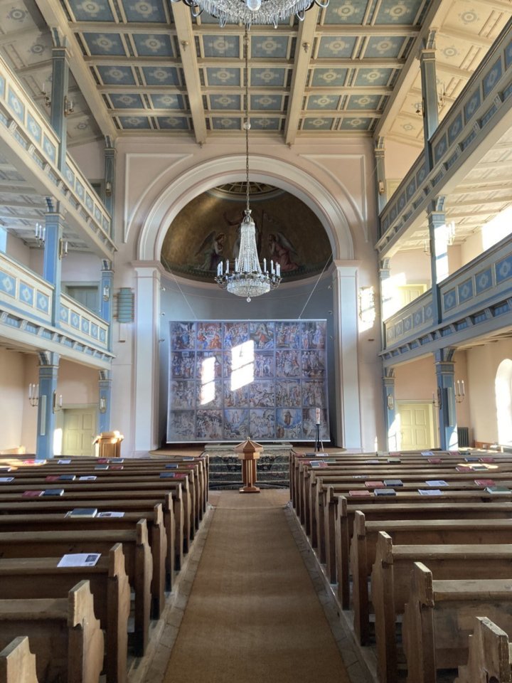  Reproduktion des Fastentuches von St. Jakon in Gröden ausgestellt in der Matthäuskirche in Ditteldorf bei Zittau aus Anlaß der Feier 550 Jahre Zitatuer Fastentuch. ©Foto: Städtische Museen Zittau, März 2022.