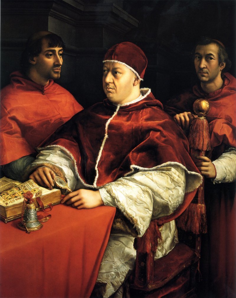 Leone X cun i cardinai Giulio de Medici y Luigi de Rossi dl 1517/18, de Raffaello (culezion Uffizi)